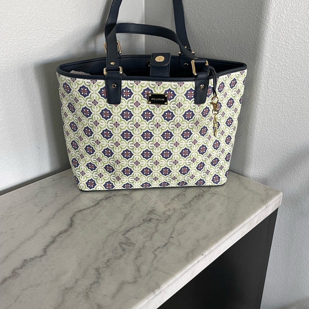 St. John Navy and Cream Patterned Tote Bag